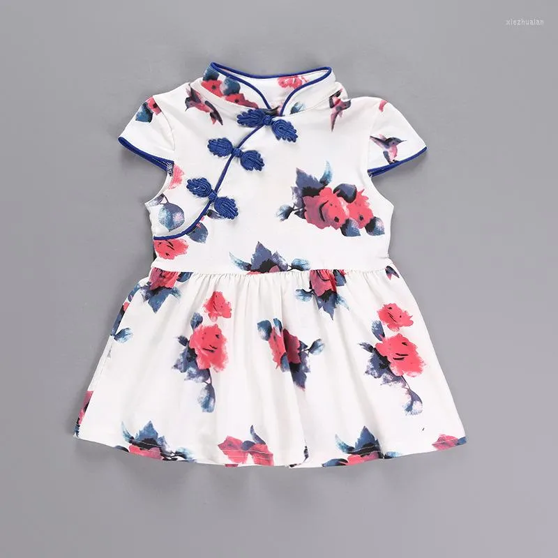 Girl Dresses Baby Cotton Clothes Blue Princess Chinese Brush Drawing Cheongsam Collar Pan Button Knee Length Dress