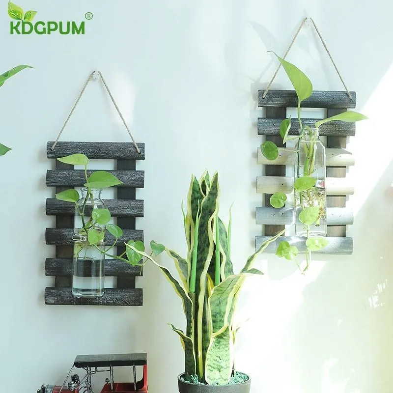 Vases Glass And Wood Vase Terrarium Tabletop Hydroponics Plant Bonsai Flower Pot De Fleur Hanging Planter Home Decor Macetas