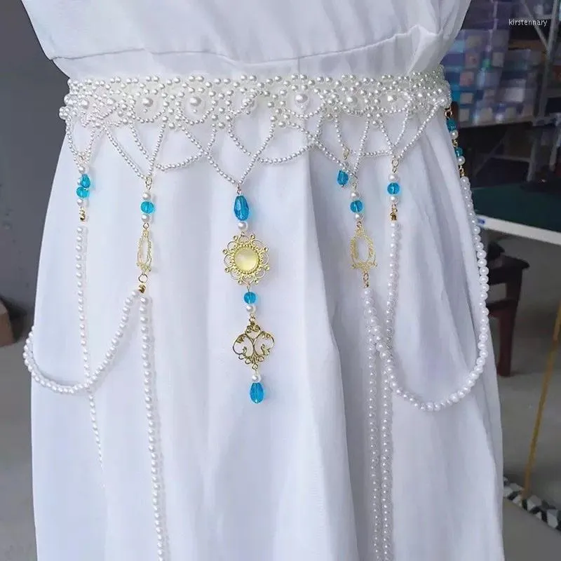 Bälten Xinhuaease Ancient Costume Hanfu Tillbehör Bälte midjekedja Lång Tassel Pearl White Tang Style platt krage Pografi