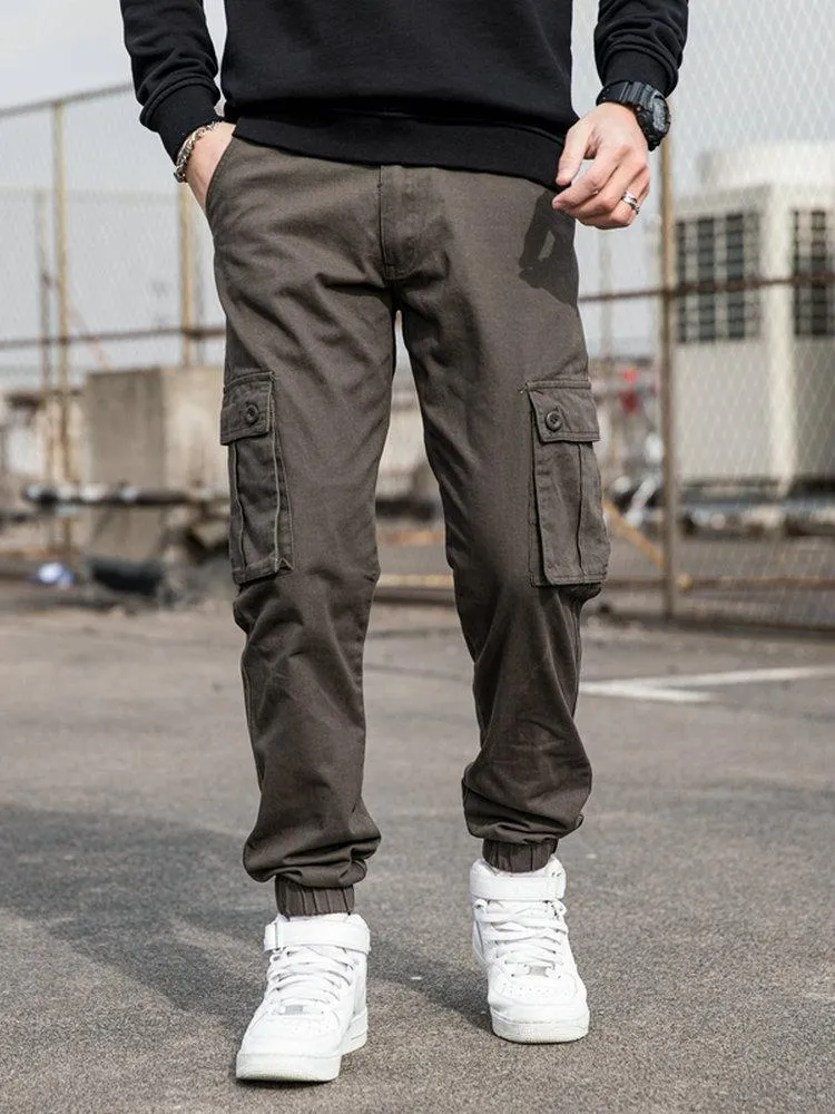 Pantaloni da uomo stile militare uomo casual cargo laterale largo multi-tasche design nero verde kaki grigio cotone pantaloni con fascia alla caviglia 2023 da uomo