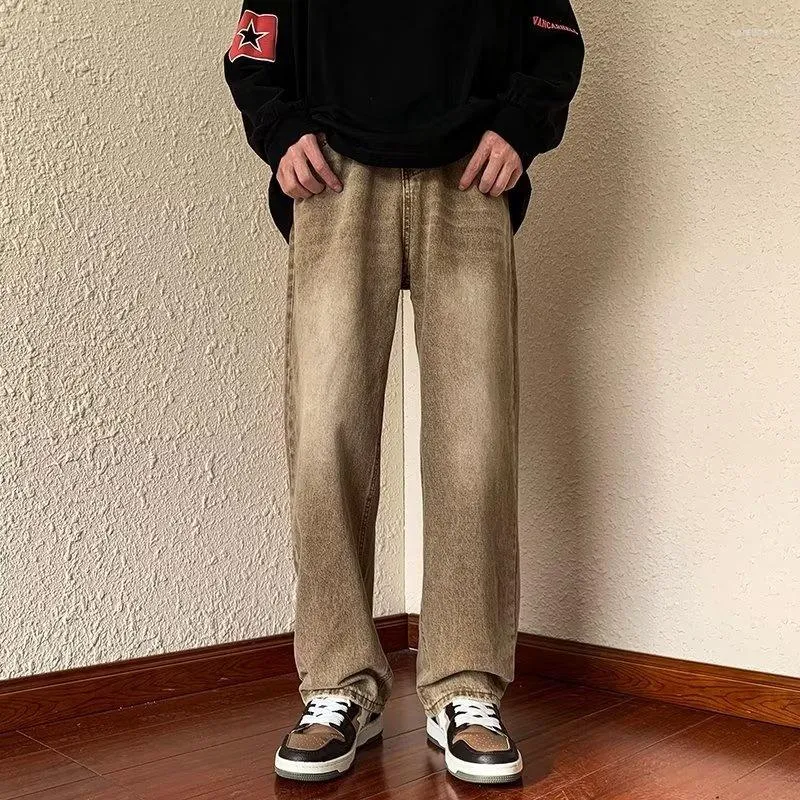 Jeans da uomo marroni larghi da uomo moda casual retrò dritto giapponese streetwear pantaloni di jeans larghi hip-hop pantaloni da uomo S-3XL