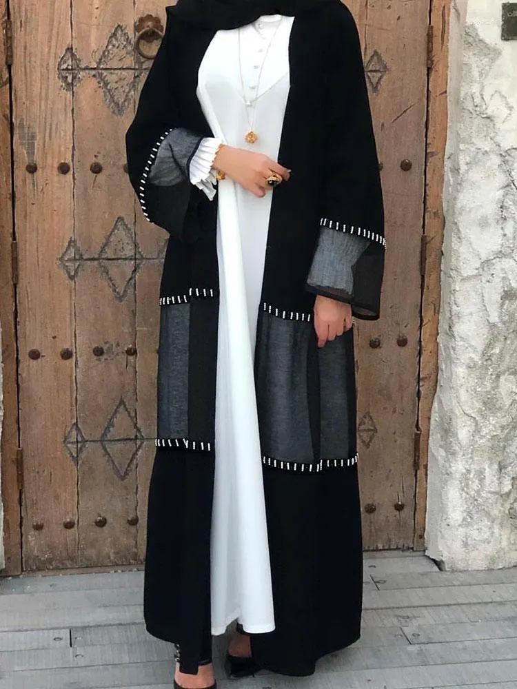 Etniska kläder pärlor öppen abaya kimono kvinnor tyll lapptäcke muslim lång klädrock islam dubai kalkon blygsam svart arabisk kofta