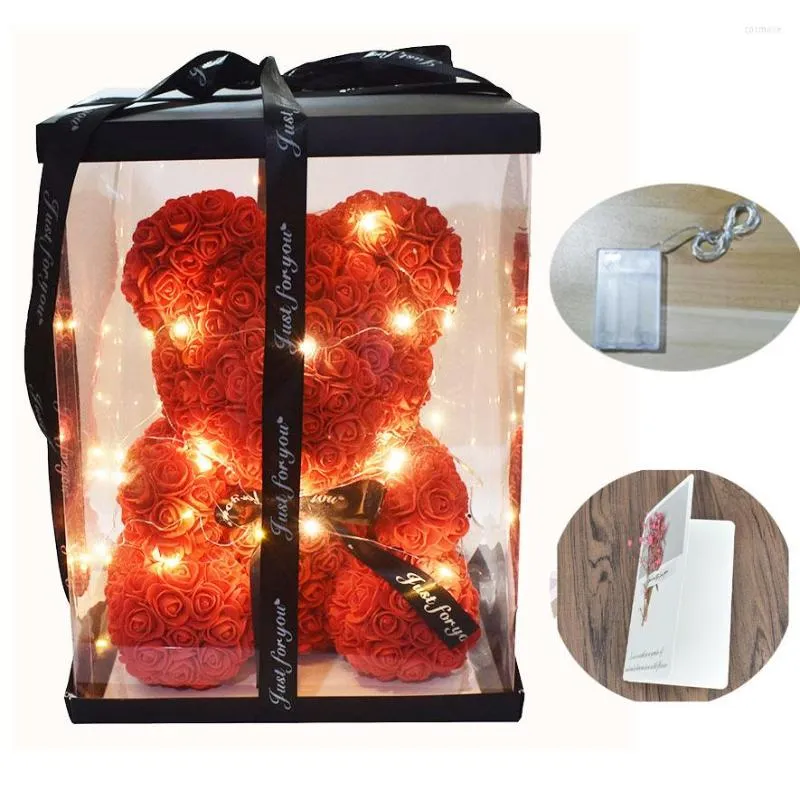 Dekorativa blommor 40 cm tvålskum rosbjörn med LED -ljus i presentförpackningen för alla hjärtans dag och Girld Friend Decoration