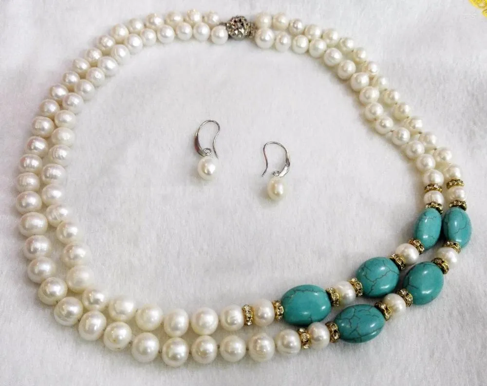 Necklace Earrings Set Women Jewelry 8-9mm Bright Green Stone WHITE Pearl 2 ROWS Dangle Hook Earring Natural Freshwater