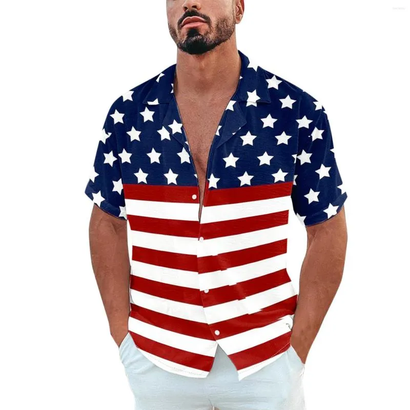 Men's Casual Shirts Independent Day Shirt For Men 2023 Summer Male Short Sleeve Patchwork Turn-down Collar Tops Streetwear Men's Beach