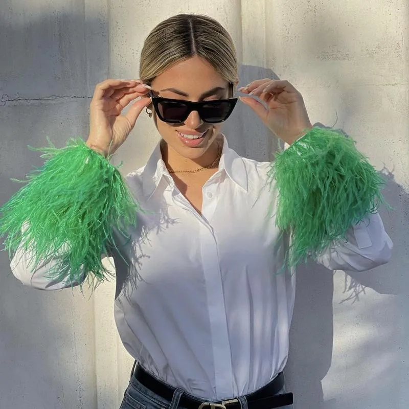 Women's Blouses 2023 Casual White Cotton Shirt Women Hand Colorful Feathers Vintage Straight Long Streetwear OL Chic Freely Matched Tops