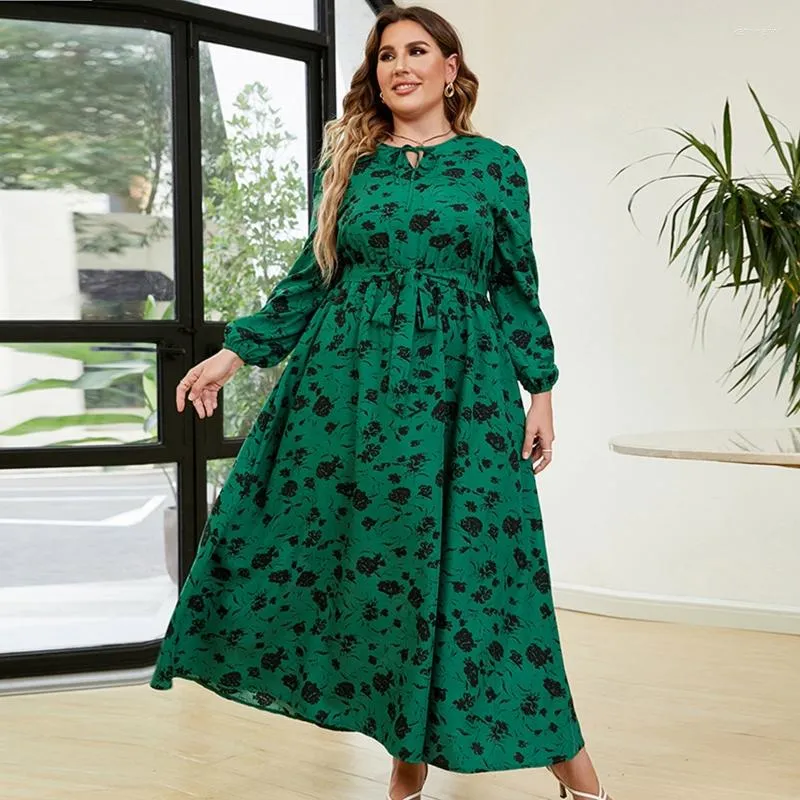 Plus Size Dresses Women's Floral Print Dress Belted Maxi Chic Beach Long Sleeves Evening Party Holiday
