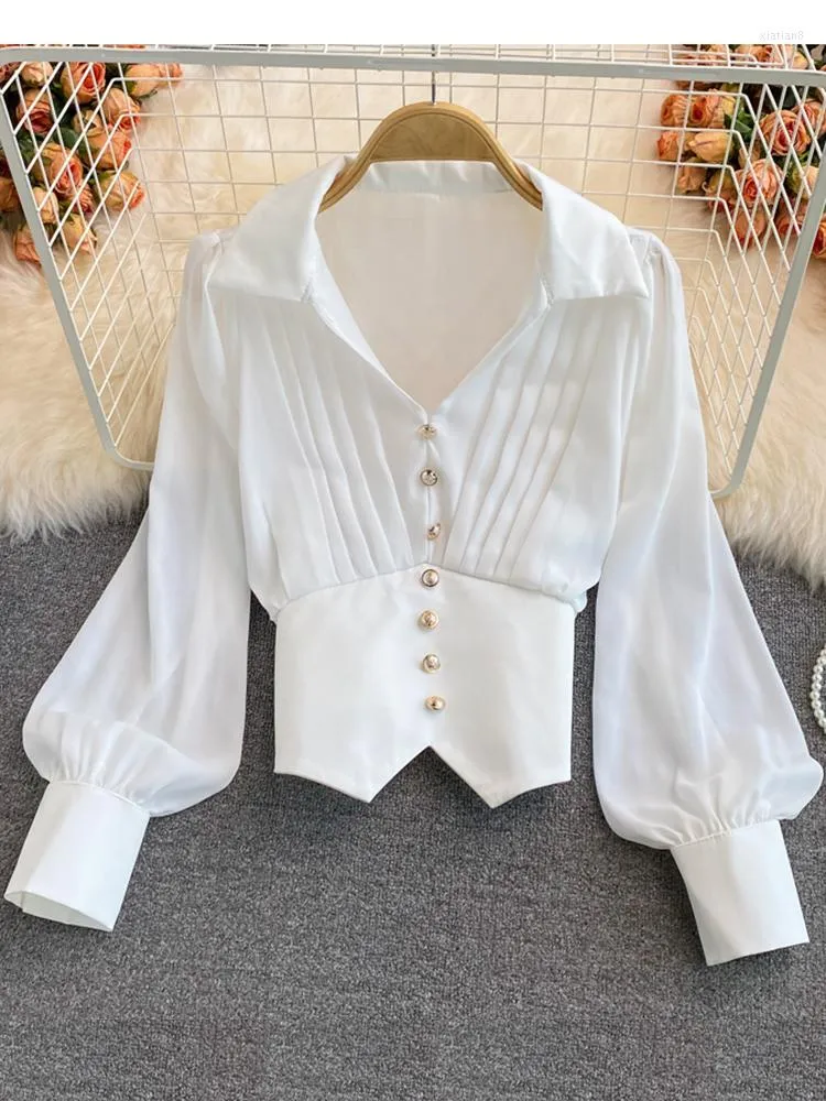 البلوزات النسائية الأنيقة الربيع الخريف أزياء مزدحمة الخامس عنق بلوزة طويلة الأكمام أنثى بلوسا بلوسا غير منتظمة تنحنح قميص الأكمام قميص kk1154