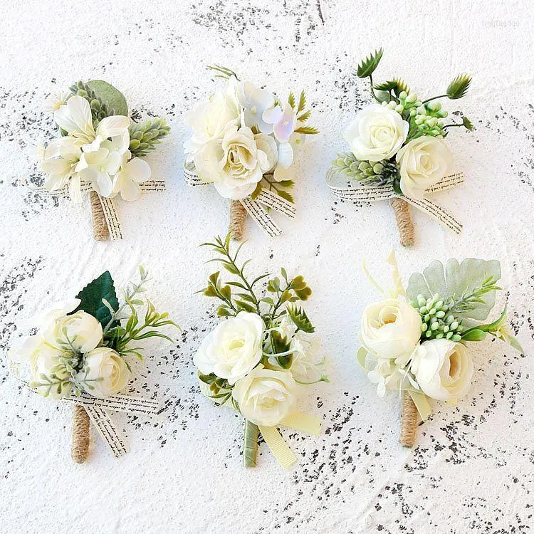 White Pink Silk Roses Wedding Boutonnieres With Flower Ladi