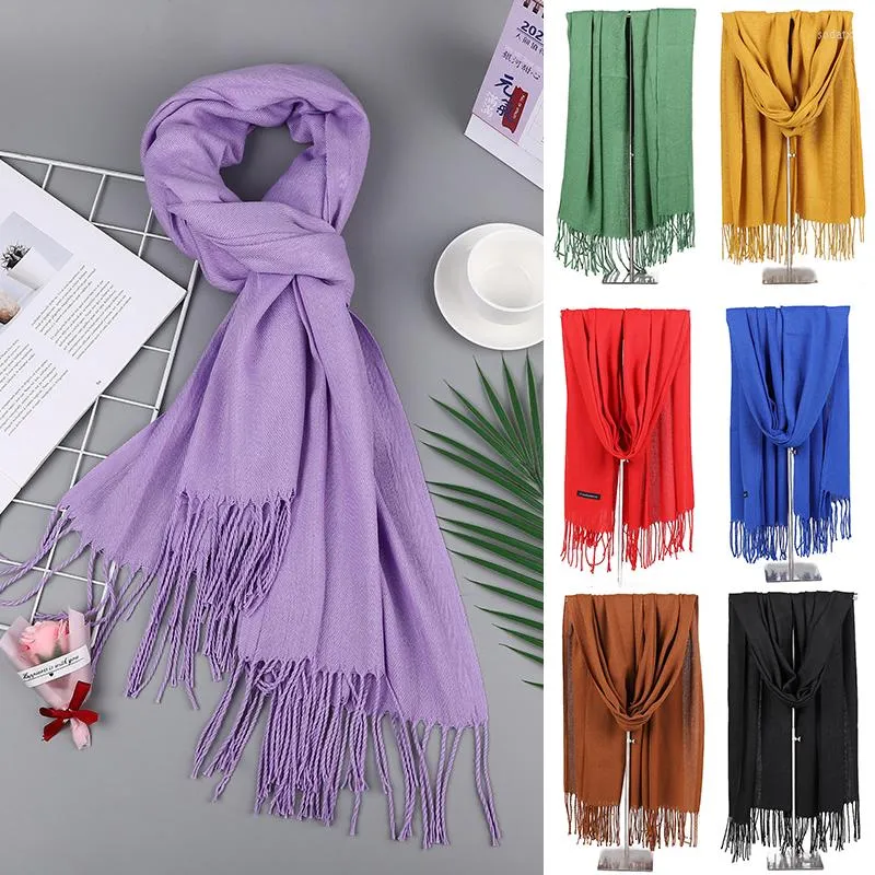 Scarves Solid Color Women Scarf Cashmere Pashmina Shawls Tassel Hijab Head Wraps Femme Thick Winter Bandana Foulard