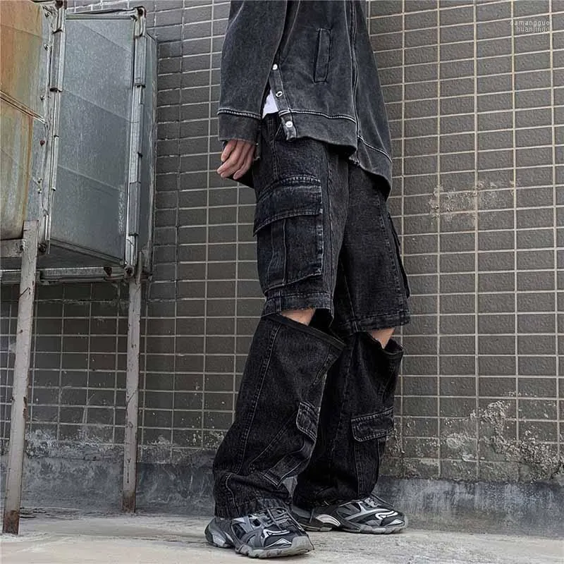 Men's Jeans Men's Cargo Vintage Multi Pockets Streetwear Denim Trousers For Male Detachable Leg Pathchwork