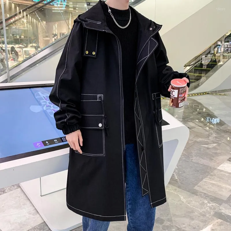 Trench da uomo 2023 Autunno Uomo Giubbotti con cappuccio Harajuku Giacca a vento Cappotto Maschile Casual Outwear Hip Hop Streetwear