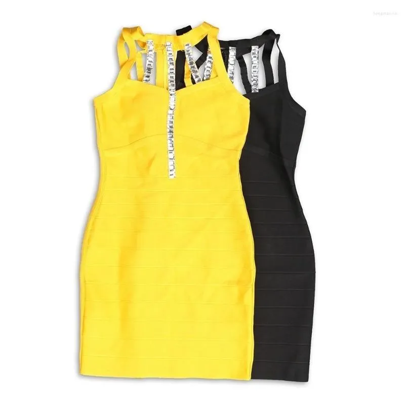 الفساتين غير الرسمية Babatique 2023 أزياء مثير صفراء ضمادة أسود ضمادة النساء مصمم الأنيقة في المساء