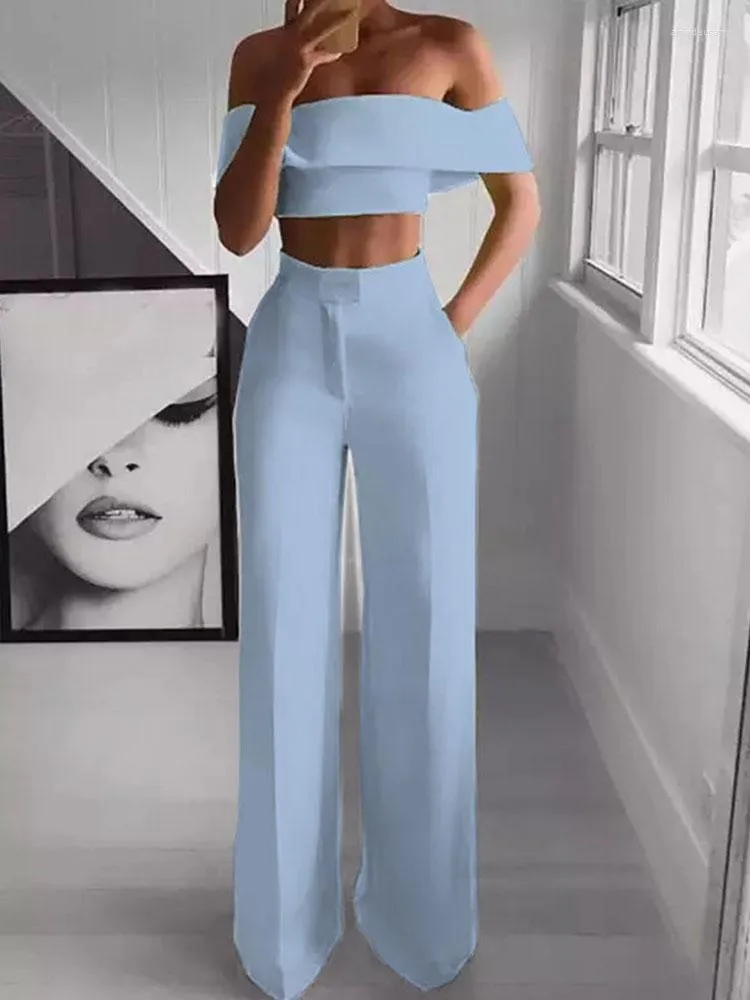 Fashion Off Shoulder Top And Flare Pants Solid 2 Pieces Sets- Ships in –  Stylesplash