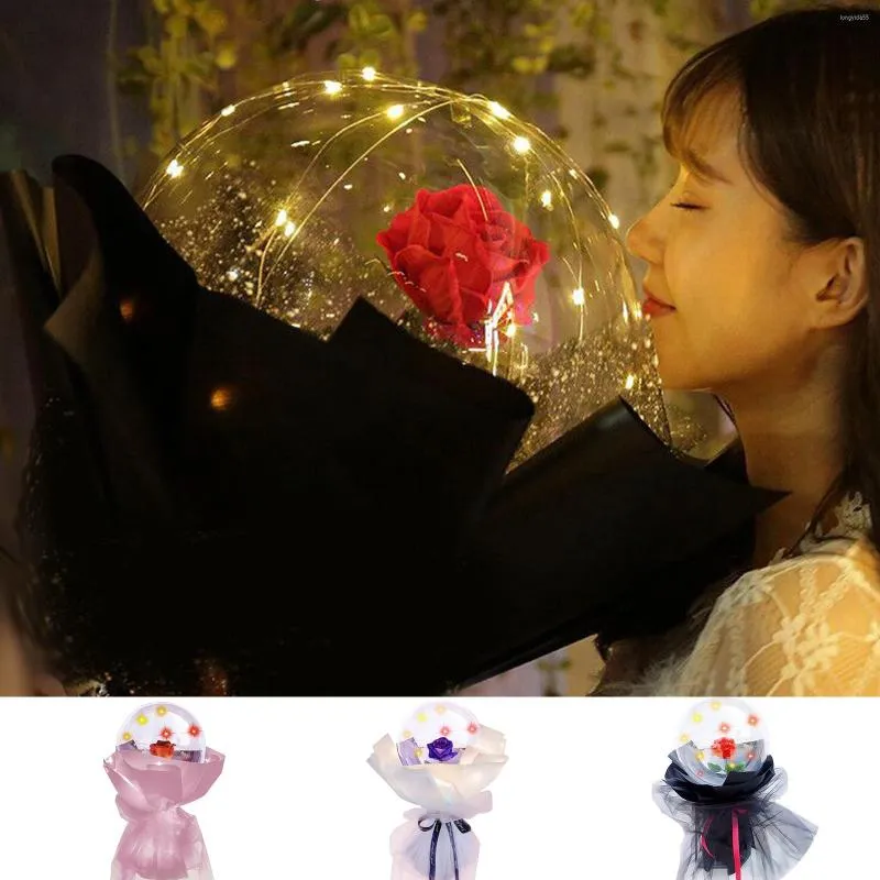 Fleurs décoratives Behogar LED Lumineux Clair Ballon Fleur Éternelle Rose Bouquet Kit DIY Cadeau Ensemble Pour Noël Mariage Saint Valentin