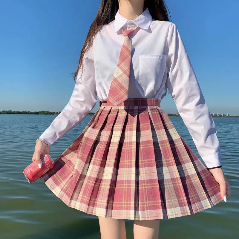 Jupes Zoki rose doux femmes jupe à carreaux JK filles Preppy danse Mini plissé une ligne Harajuku japon école mode cravate nœud