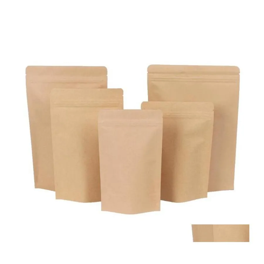 wholesale Packing Bags 11 Sizes Brown Kraft Paper Standup Heat Sealable Resealable Zip Pouch Inner Foil Food Storage Packaging Bag With Tear N Ot6Bc