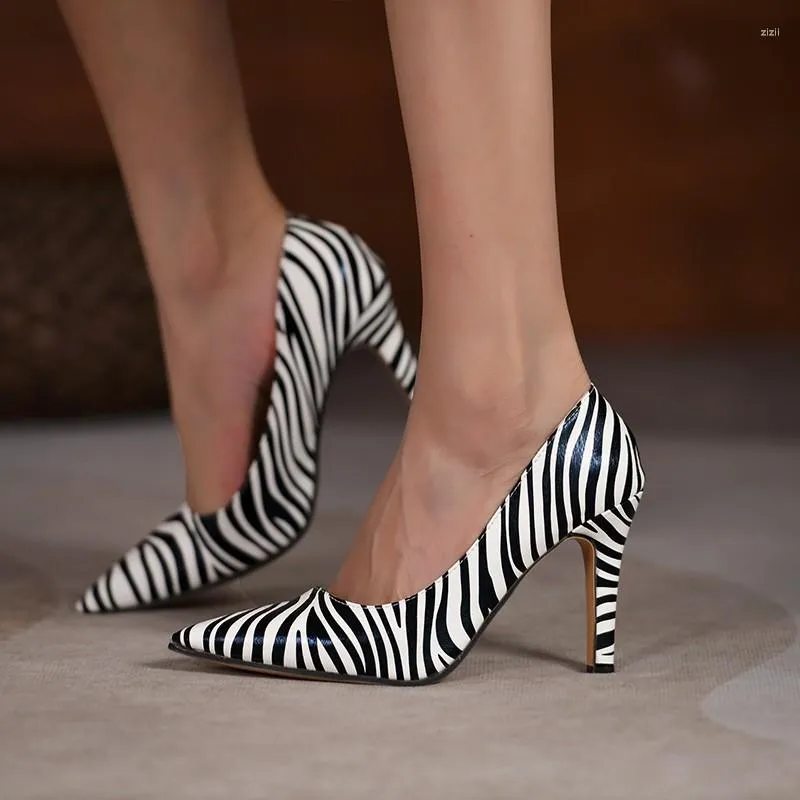 Dress Shoes Fashion Simple Thin Heel High Horse Pattern Shallow Mouth Pointed Sexy Toe Black And White Striped Women's Larger 43