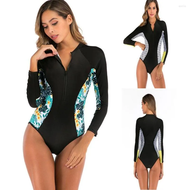 Kvinnors badkläder varumärke Slimming Floral Printing Zip Front Plunge Baddräkt långärmad surfkläder en bit