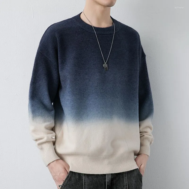 Camisolas masculinos outono inverno 2023 malha de albatia masculina de alta qualidade muda gradual sweater moda marca redondo pescoço quente