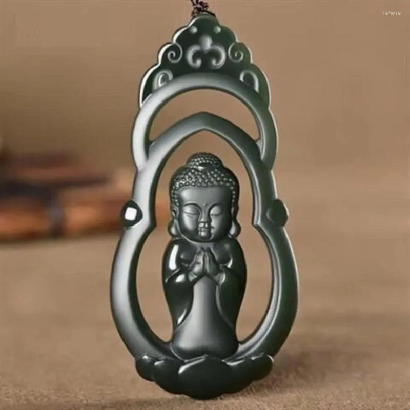 Hänge halsband naturliga en hetisk jade hand snidad talisman svart buddha grön unik design jadeit halsband män smycken