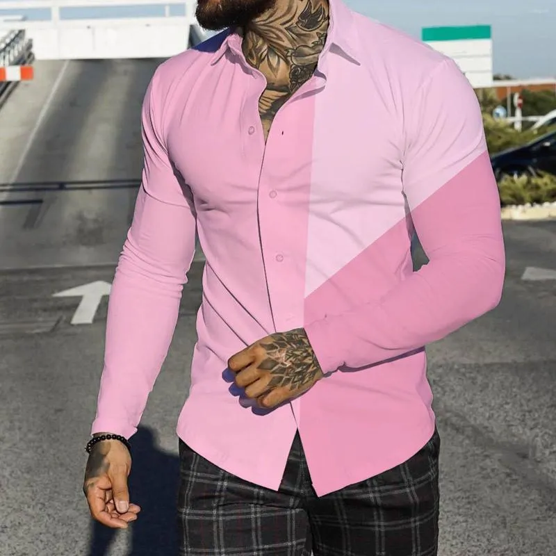 Mäns casual skjortor 2023 herrar rosa skjorta hösten vridning krage streetwear färg block tryck strand lång ärm överdimensionerad för män toppar