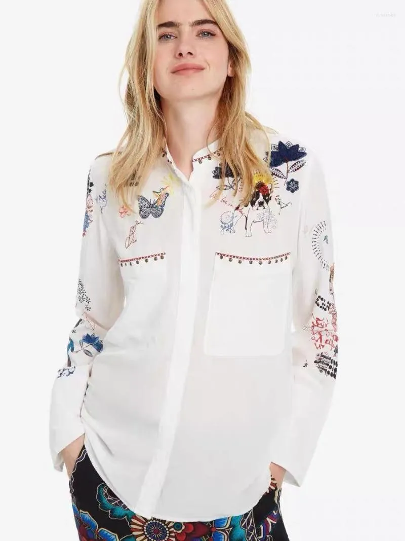 Blouses feminina Blusa espanhola bordada impressão de moda de moda casual camisa fina de manga comprida algodão branco