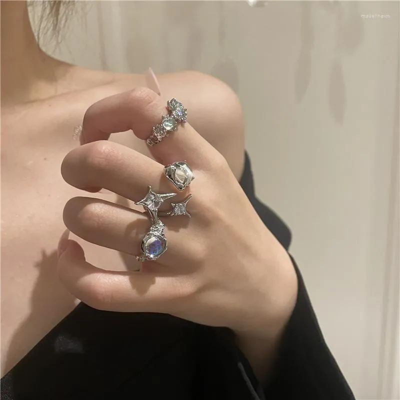 Cluster Rings Korean Vintage Crystal Opal Open Ring Exquisitely Shining Zircon Star For Women Geometric Aesthetics Fashion Jewelry Gift