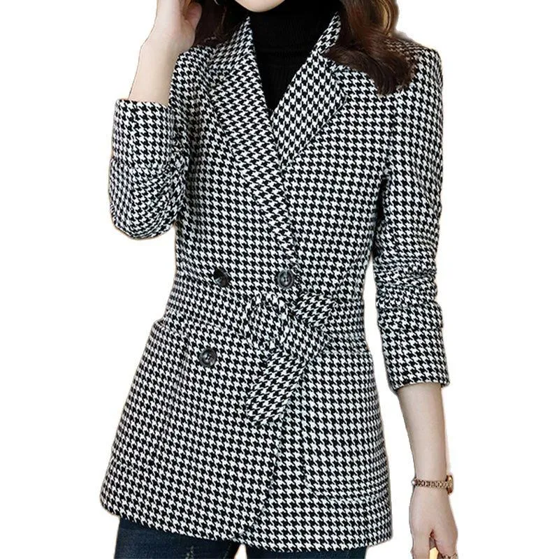 Women's Wool Blends S-4XL Suit Jacket 2023 Autumn and Winter Houndstooth Thick Slim-Fit Plaid Woolen Coat Korean Fashion Clothing Woment's