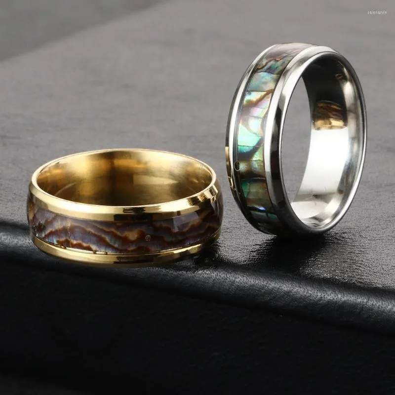 Trouwringen 8 mm roestvrij staal voor mannen inlay rimpel shell vinger ring verlovingsbanden mannelijke klassieke sieraden maat 6.5-11.5