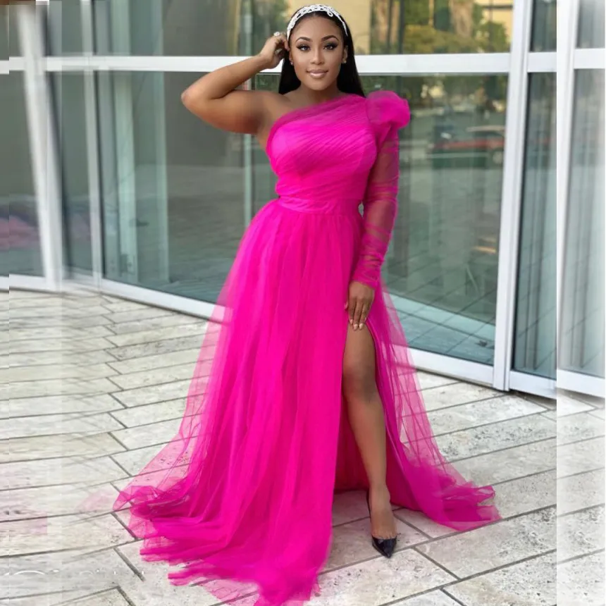 Bright Fuchsia Evening Gown Illusion Sleeve Long Split Tulle Robe De Soiree Hot Pink Evening Dresses Mesh Vestido De Festa