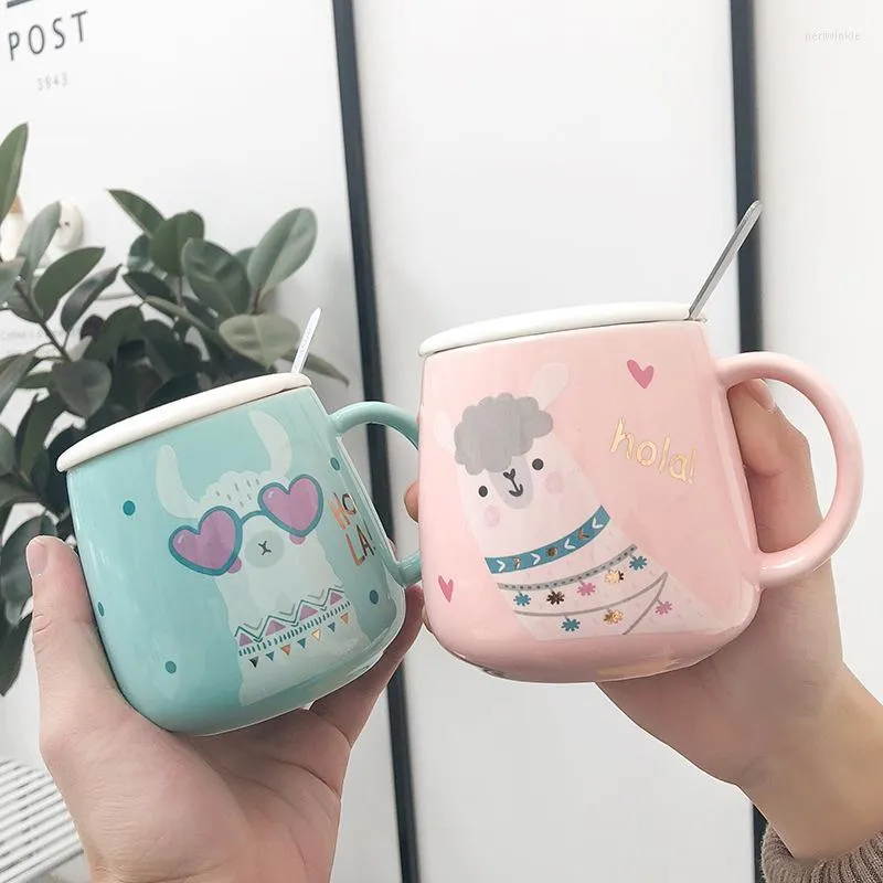 Mugs 400ml Cute Cartoon Alpaca Pot Belly Ceramic Cup Mini Coffee Mug With Lid And Spoon For Boys Girls Lovers Milk