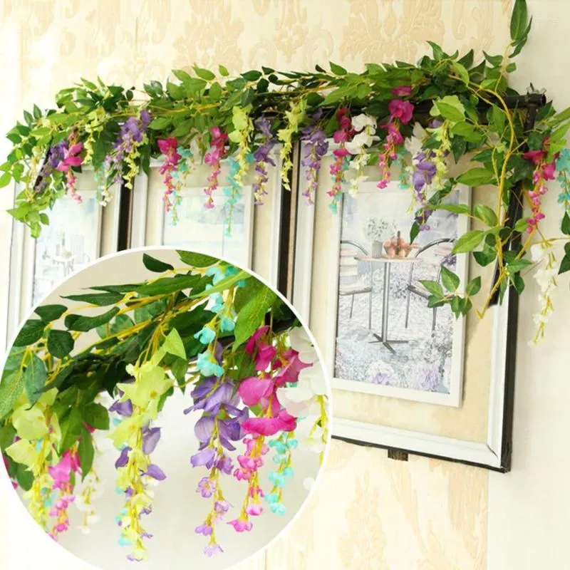 Decorative Flowers 2M Long Artificial Wisteria String Silk Fake Rattan Vine Hanging Garland Leaf Ivy DIY Wedding Home Decoration