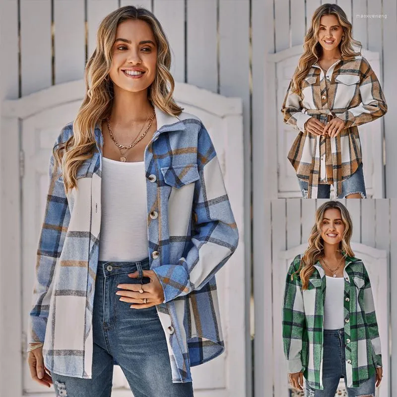 Damesjassen vrouwen herfst winter plaid jas met lange mouwen shirt met riem met riem een ​​enkele borting vrouwelijke casual overjas streetwear