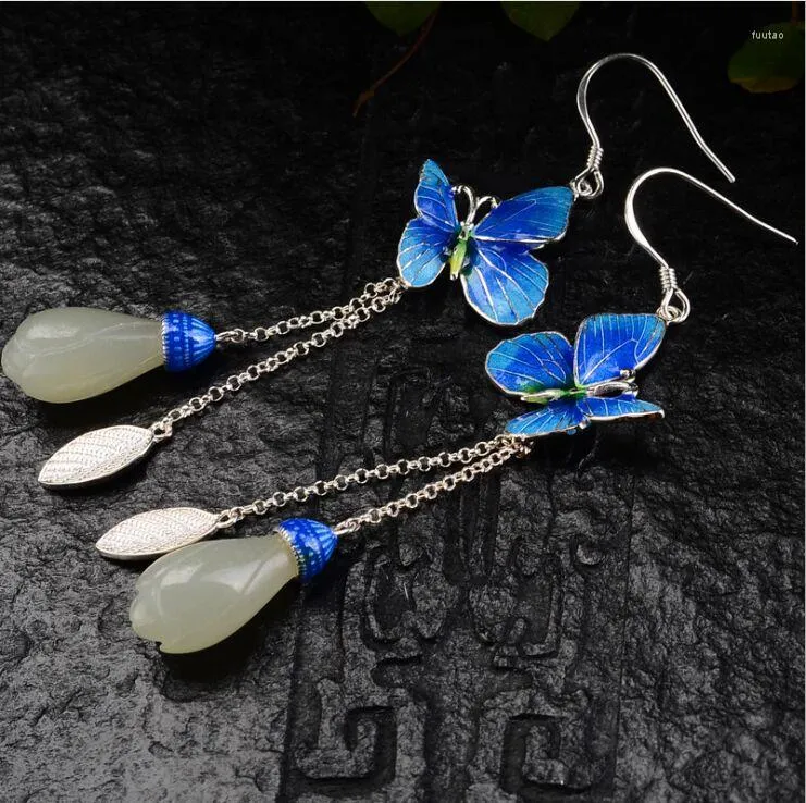 Kolczyki Dangle S925 Silver Paling Blue Thai Vintage Fashion Cloisonne Goldfish Pearl Kobiety