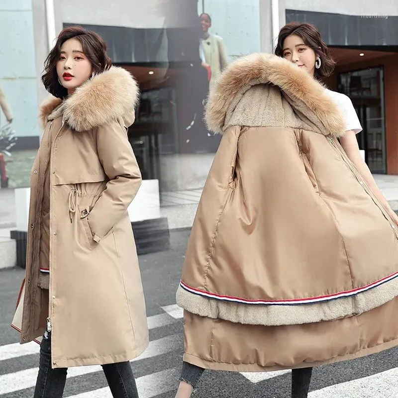 여자 트렌치 코트 2023 스노우웨어 여성 파카 겨울 재킷 두꺼운 따뜻한 후드 코트 암컷 파카 탈착식 모피 안감 재킷