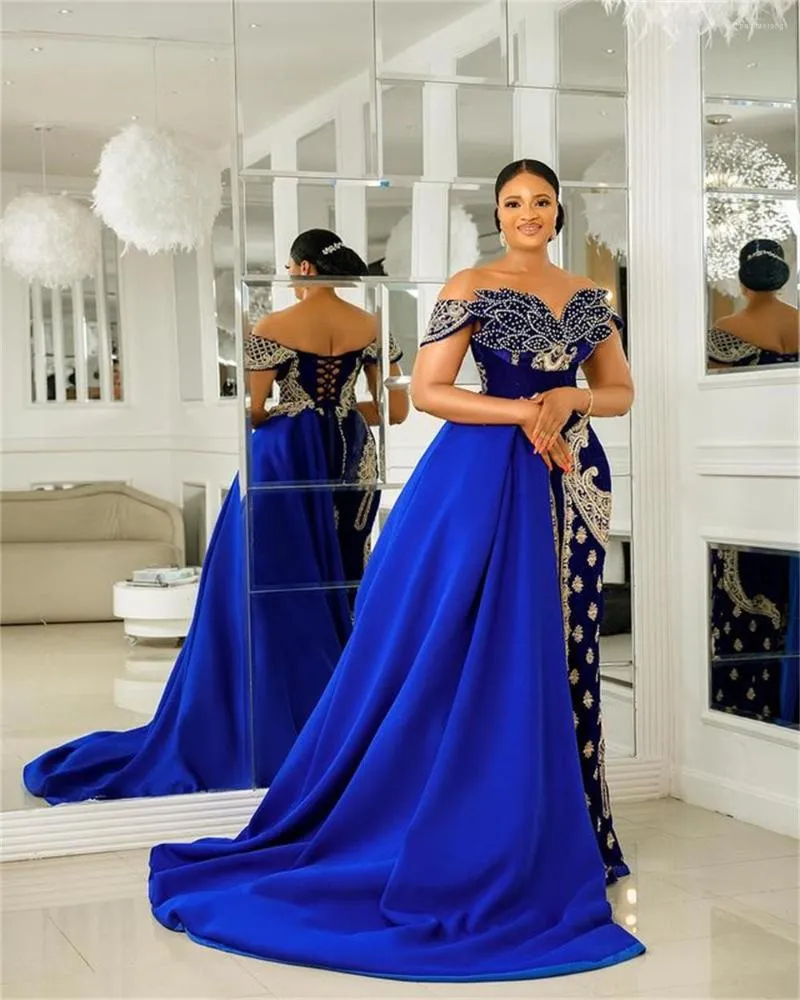 Party Dresses Luxury Blue Off The Shoulder Sleeveless Formal Evening Dress Floral Print Pearls Crystal Velvet Mermaid Long Gowns