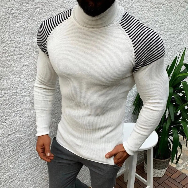 メンズセータータートルネックセーターメンズニットプルオーバーカジュアルベーシックパッチワーク温かい白い黒い縞模様の冬のファッション男性