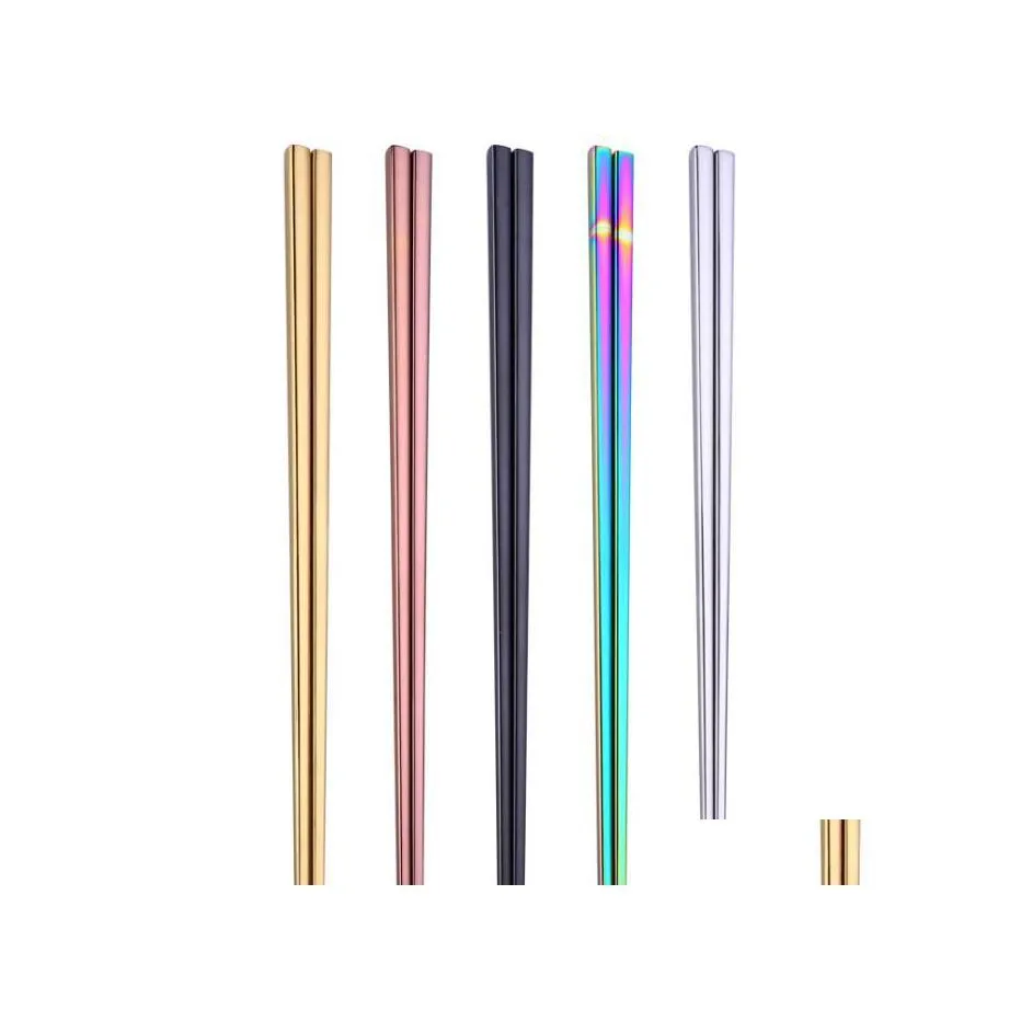 Chopsticks Chopstick 304 Stainless Steel Wed Square Glossy Sier Gold Rose Black Rainbow Wholesale Sn3764 Drop Delivery Home Garden K Dhc75