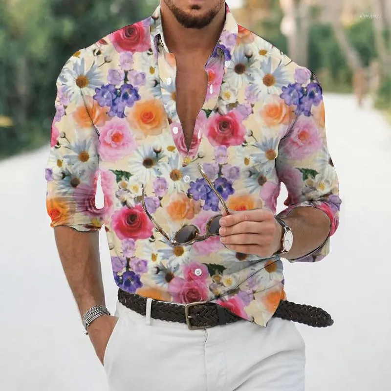 Autumn Men Slim Floral Print Long Sleeve Shirts Fashion Party