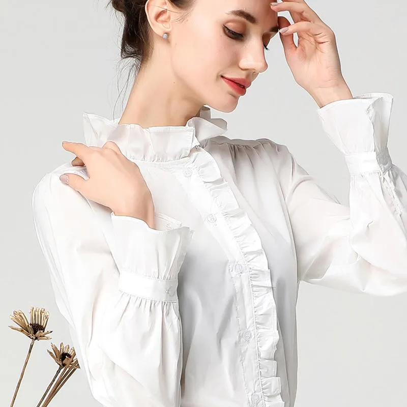 Women's Blouses & Shirts Elegant Ruffle Women White Blouse Cotton Top Stand Collar Petal Long Sleeve Fashion Spring Summer Female Casual Wor