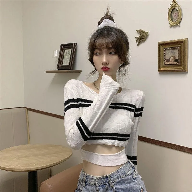 Women's Sweaters Woman Tight Long Sleeve Inner Wear Knitwear Autumn And Winter Western Style Striped Short Top For Women