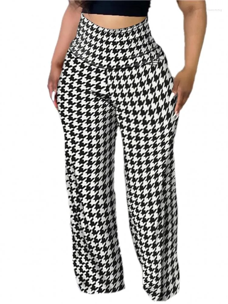 Damesbroek stretch hoge taille wijd been voor vrouwen Houndstooth printen Big Size broek straat mode losse lange dames slijtage