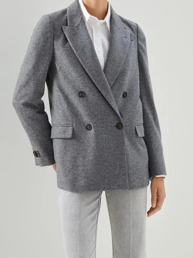 Ternos femininos feminino lã de lã cinza casaco vintage manga comprida moda feminina entalhada blazer de peito duplo