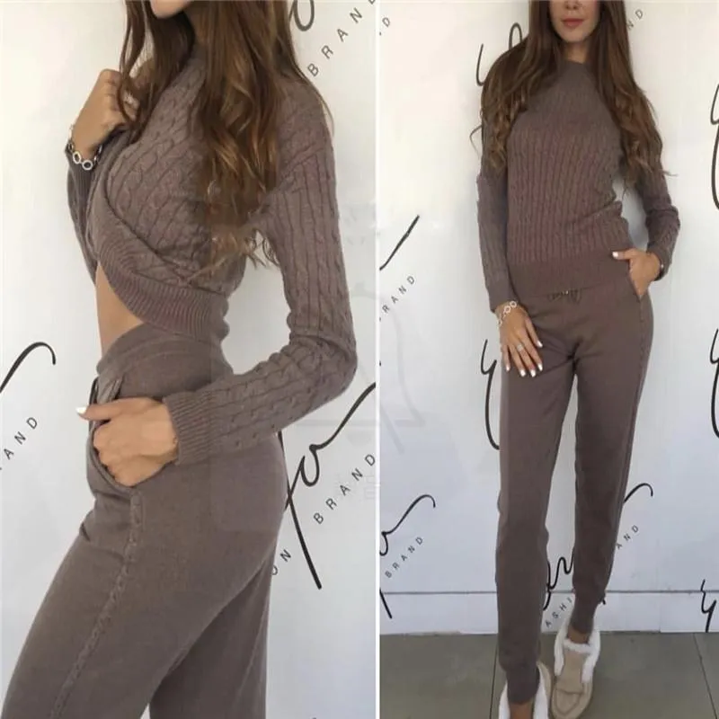 Tweede stuk broek modeset voor dames 2023 WOL VOLLEDIGE CASHMERE GEBREID DRAAD SWEATER BROWS TWEEDE SWATTE Pakken Dames Top en