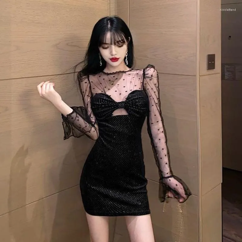 Abiti casual Black Hollow Out Prospettiva Sexy Club Bodycon Dress Fashion Brand Abbigliamento donna Mesh Evening Party Arco femminile