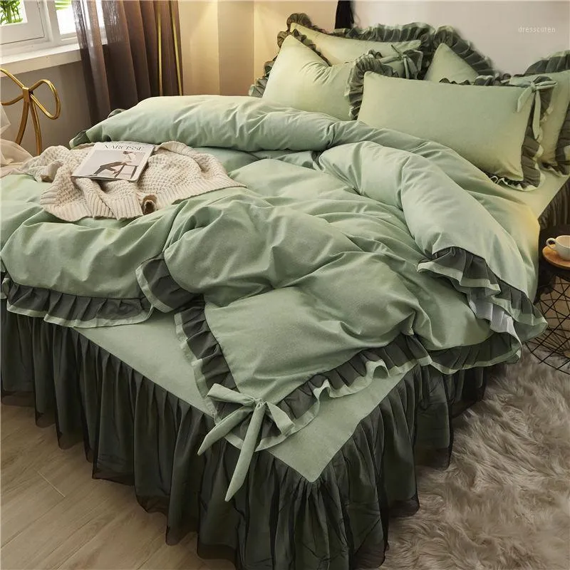 مجموعات الفراش كوريا الأميرة الأميرة حاف غطاء مجموعة سرير فاخر مع لحاف جميل القوس الدانتيل مطوي
