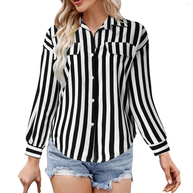 Blouses Femmes Femmes Casual Revers Bouton Stripe Imprimer Protection Solaire Longue Business Style Européen Américain Pulls Rétro Harjauku Vintage