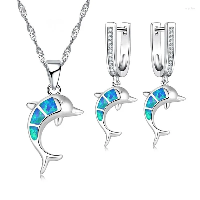 Kolye küpeleri Set sevimli yunus tasarım mavi taklit yangın opal zirkon kadınlar için mücevher ile aksesuarlar moda sevgilisi hediye