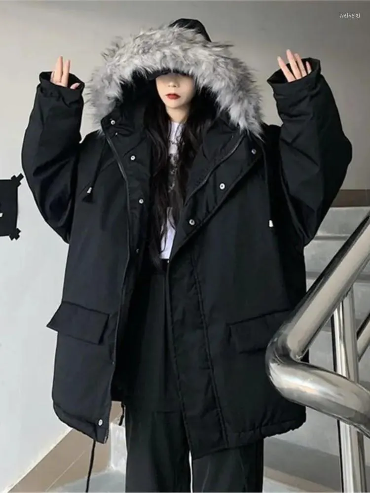 Damesgeulcoats heydress 2023 Harajuku dikke warme vrouwen massief bont kraag parkas vrouwelijke kleding kapper oversized winterjas